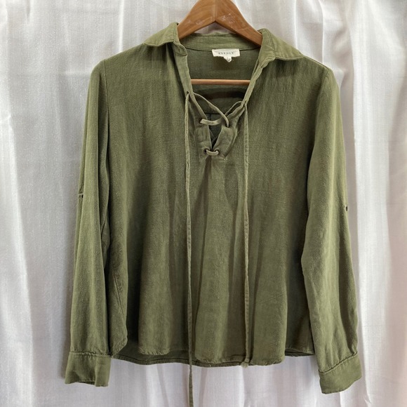 Everly Tops - Everly Olive Green Lace Up Long Sleeve Top Casual‎ Shirt Women's
